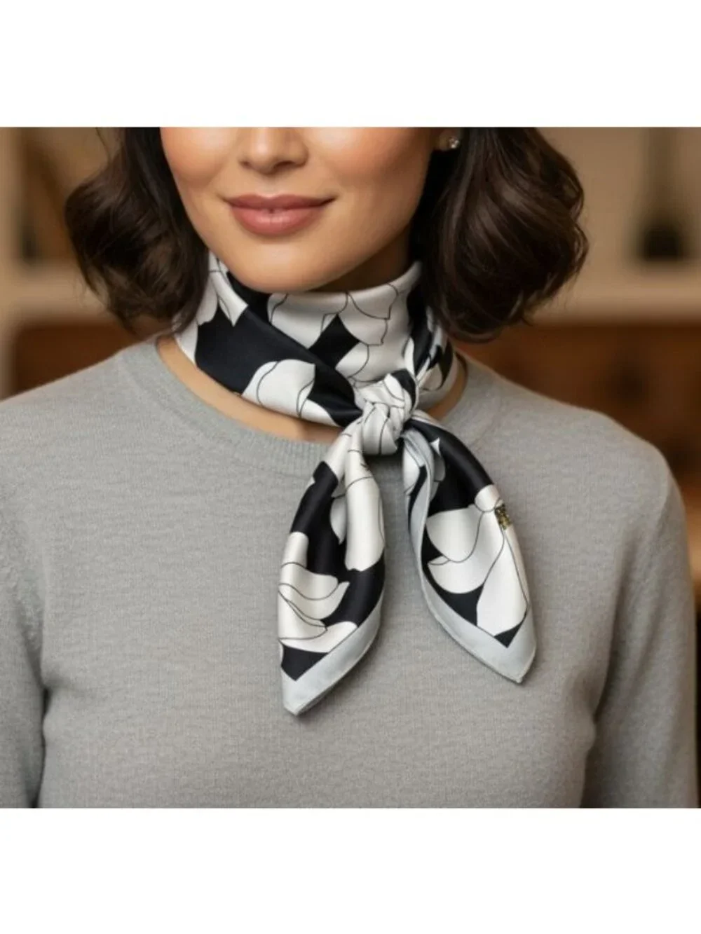 ⭐New Elegant Bandana Square Scarf Silky Satin Soft BLACK WHITE Floral Wrap Shawl_2